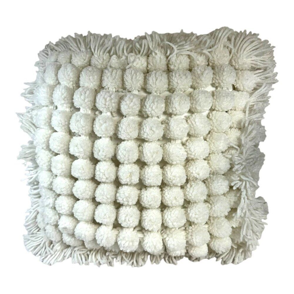 Vintage BOHO Handmade White Pom Pom Pillow Cushion Throw Fringe Cottage Core